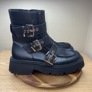 Berksha Women’s Size 9 Black Chunky Y2K Square Toe Ankle Combat Boots Side Zip